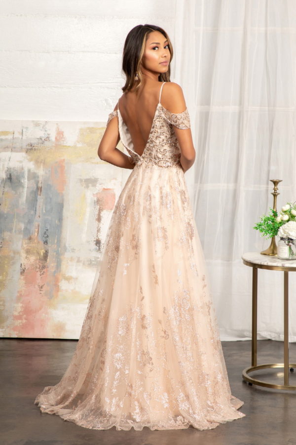 Illusion V-Neck Embroidered Mesh A-line Dress w/ Open V-Back-2