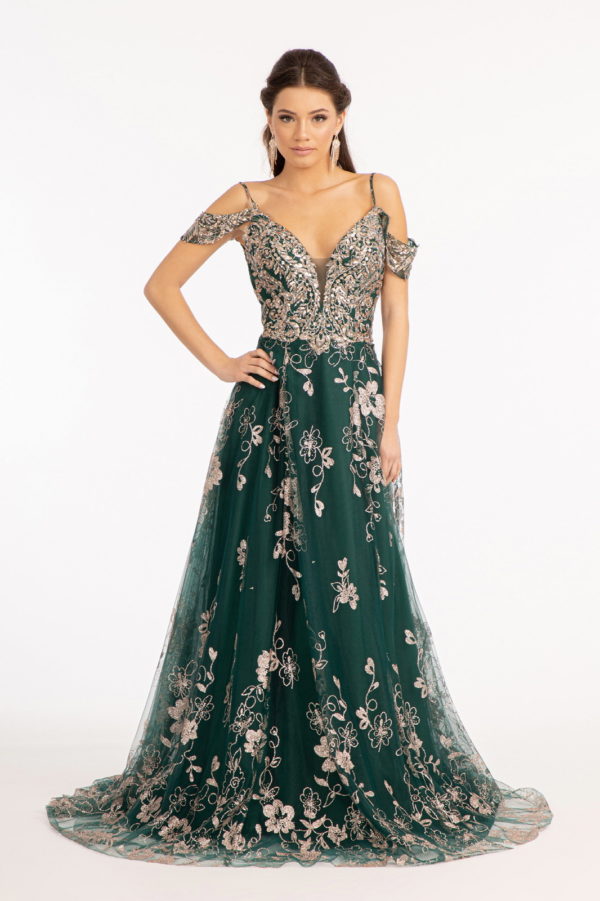 Illusion V-Neck Embroidered Mesh A-line Dress w/ Open V-Back-0
