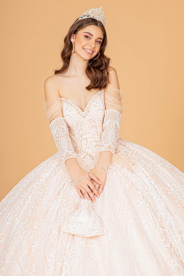 Jewel Mesh Quinceanera Dress w/ Mini Bag and Separate Long Sleeves-3
