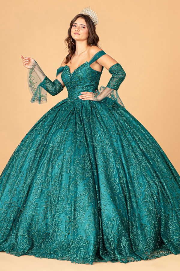 Jewel Mesh Quinceanera Dress w/ Mini Bag and Separate Long Sleeves-4