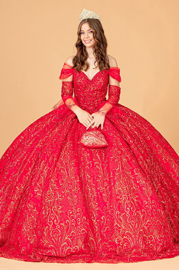 Jewel Mesh Quinceanera Dress w/ Mini Bag and Separate Long Sleeves-0