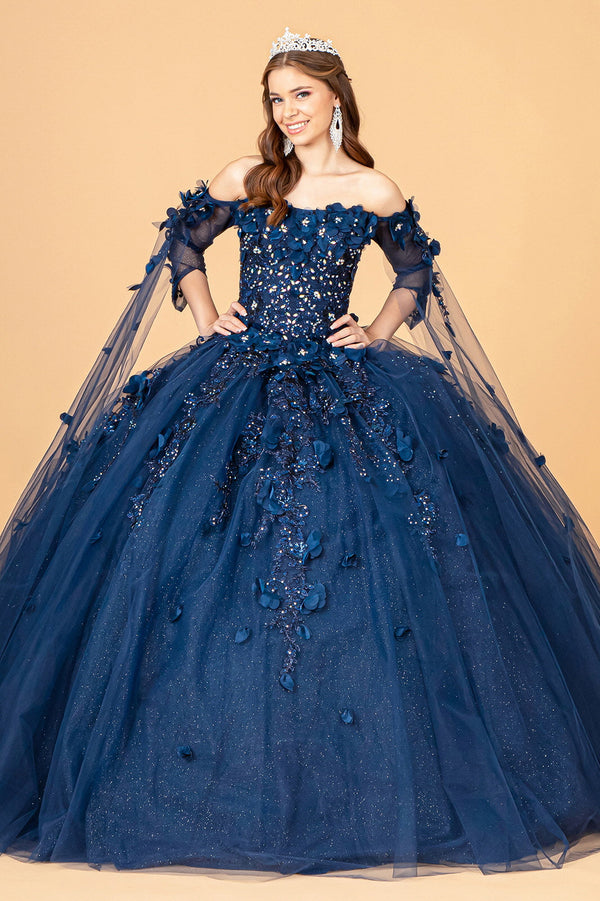 Off Shoulder Mesh Quinceanera Gown w/ Shoulder Side Mesh Drapes-5
