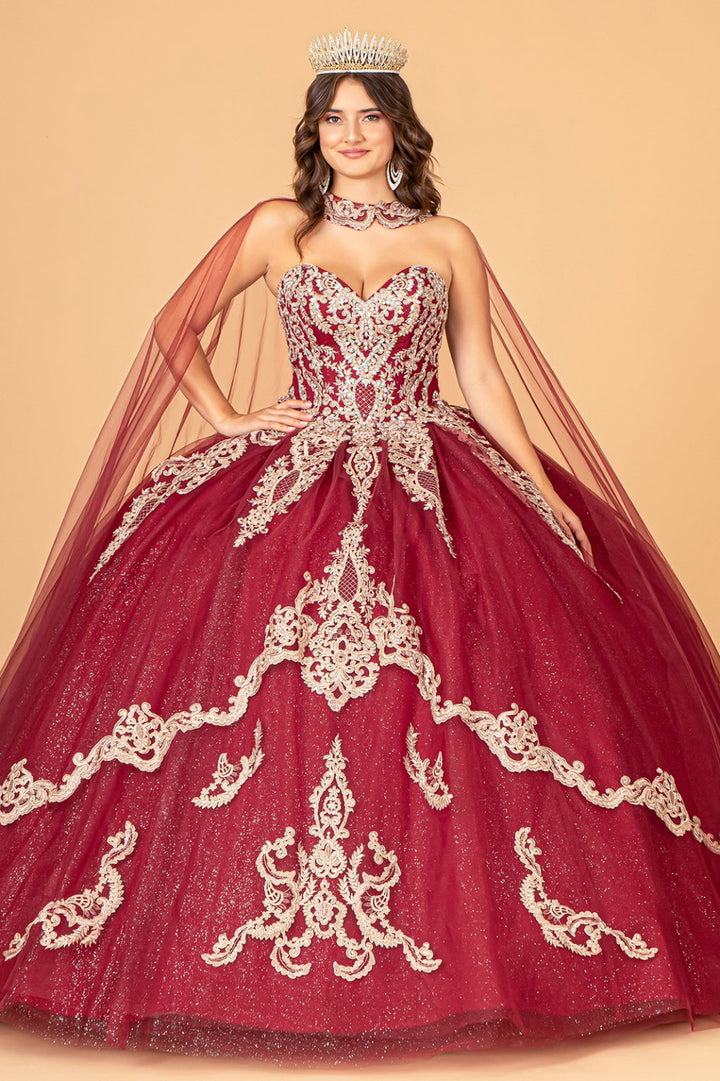 Glitter Jewel Embellished Quinceanera Gown w/ Long Mesh Cape-2