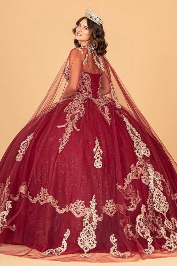 Glitter Jewel Embellished Quinceanera Gown w/ Long Mesh Cape-3