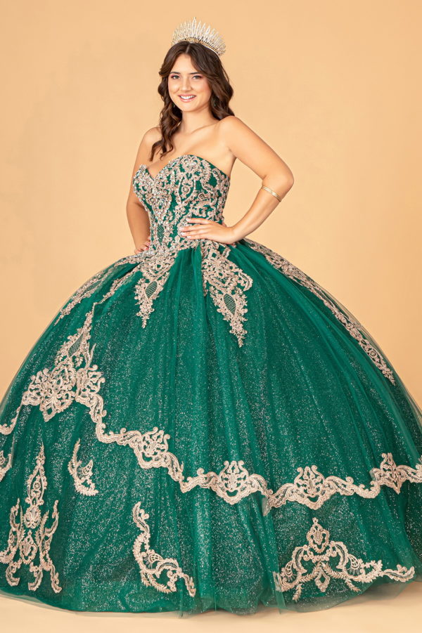 Glitter Jewel Embellished Quinceanera Gown w/ Long Mesh Cape-5