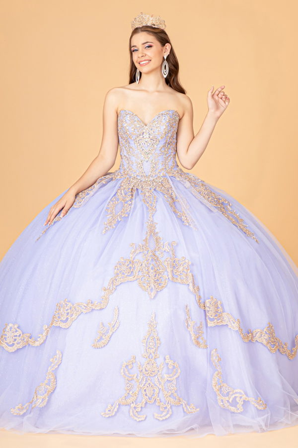 Glitter Jewel Embellished Quinceanera Gown w/ Long Mesh Cape-0
