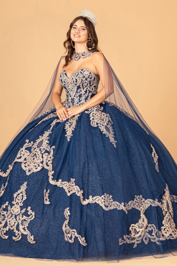 Glitter Jewel Embellished Quinceanera Gown w/ Long Mesh Cape-6