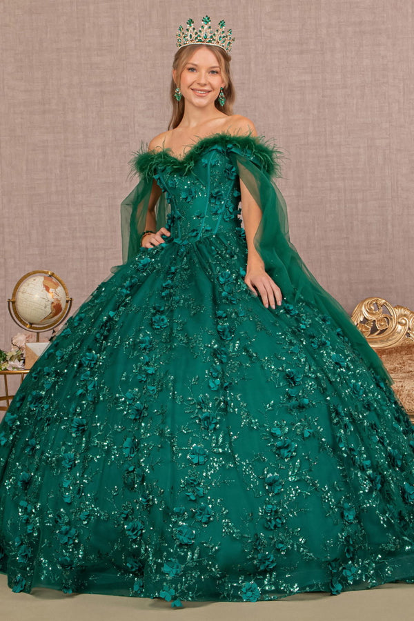 Mesh Quinceanera Dress w/ Side Mesh Drape and Detachable Feather Embellishment-0