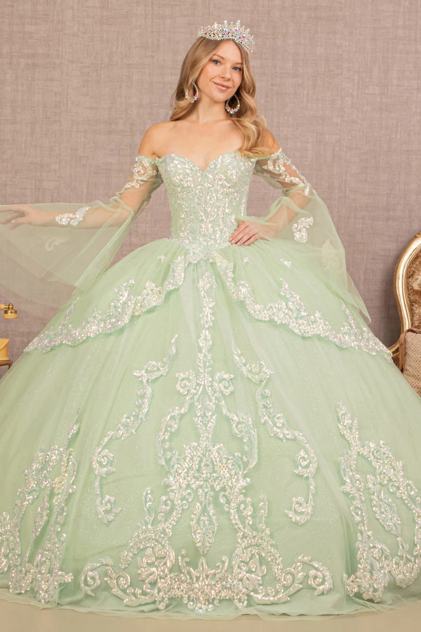 Glitter Layered Hem Quinceanera Gown w/ Long Mesh Sleeves-0