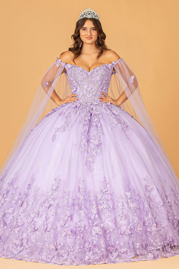 3-D Butterfly Applique Glitter Quinceanera Gown w/ Long Mesh Layer-5