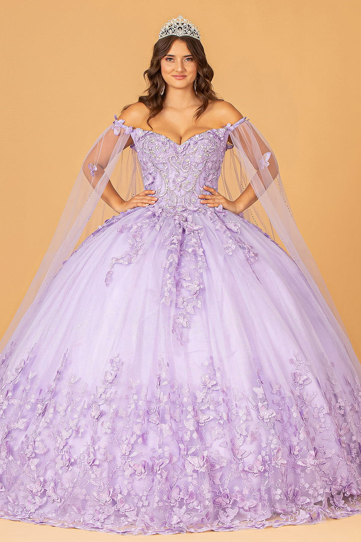 3-D Butterfly Applique Glitter Quinceanera Gown w/ Long Mesh Layer-5