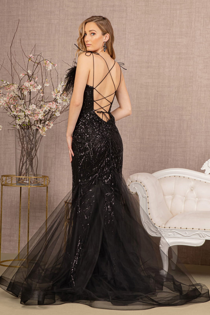 Sequin Sweetheart Mesh Trumpet w/ Feather Embellishment Long Prom Dress GLGL3117-1