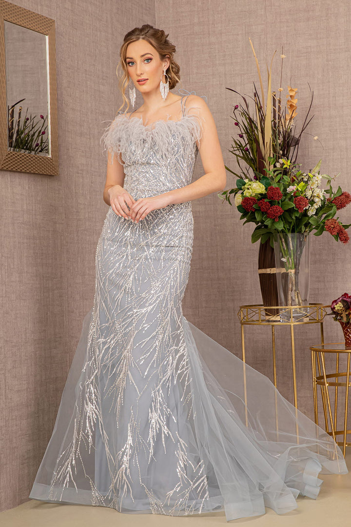 Sequin Sweetheart Mesh Trumpet w/ Feather Embellishment Long Prom Dress GLGL3117-4