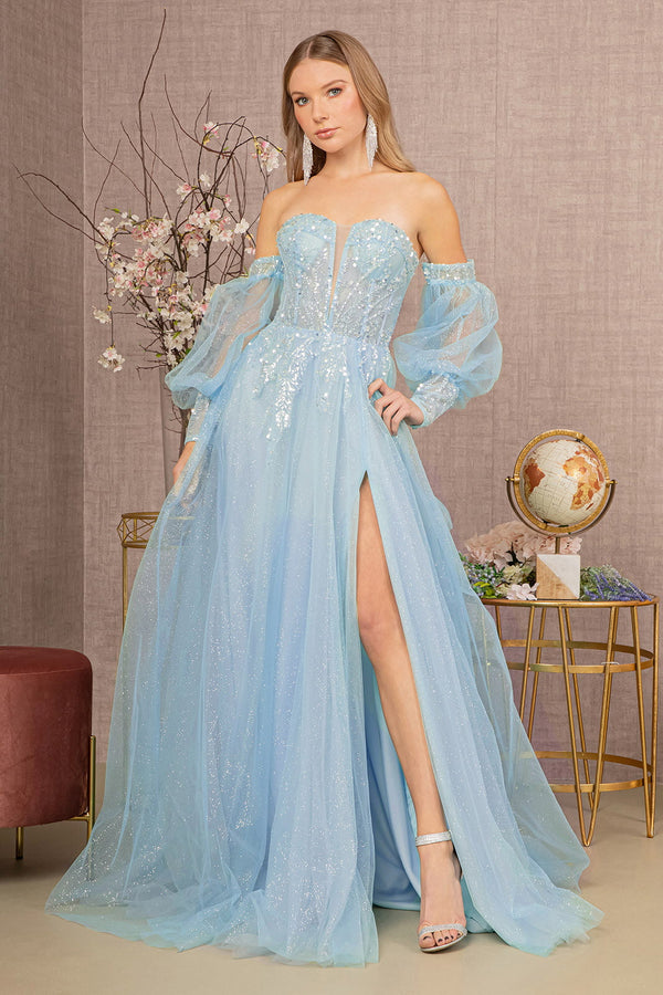Sequin Glitter Sheer Bodice Illusion Sweetheart A-line Mesh Long Prom Dress GLGL3118-0
