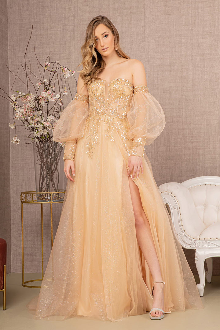 Sequin Glitter Sheer Bodice Illusion Sweetheart A-line Mesh Long Prom Dress GLGL3118-6