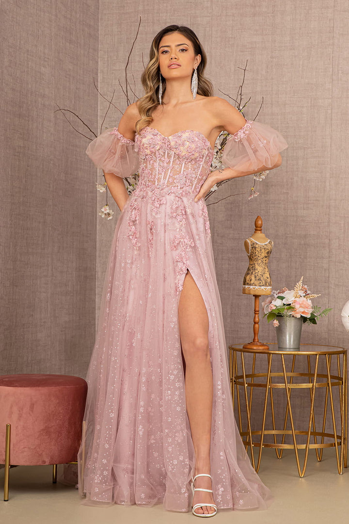 Strapless Sheer Bodice Mesh A-Line w/ Detachable Short Mesh Sleeves Long Prom Dress GLGL3126-0