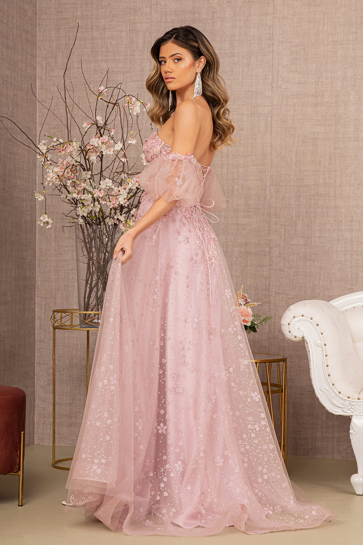 Strapless Sheer Bodice Mesh A-Line w/ Detachable Short Mesh Sleeves Long Prom Dress GLGL3126-1