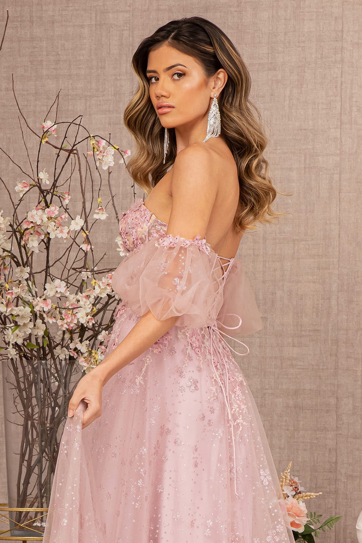 Strapless Sheer Bodice Mesh A-Line w/ Detachable Short Mesh Sleeves Long Prom Dress GLGL3126-4
