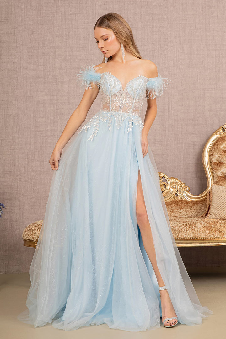 Feather Straps Sheer Bodice Glitter Sequin Mesh A-line Long Prom Dress GLGL3135-5