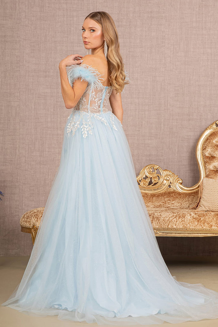 Feather Straps Sheer Bodice Glitter Sequin Mesh A-line Long Prom Dress GLGL3135-1