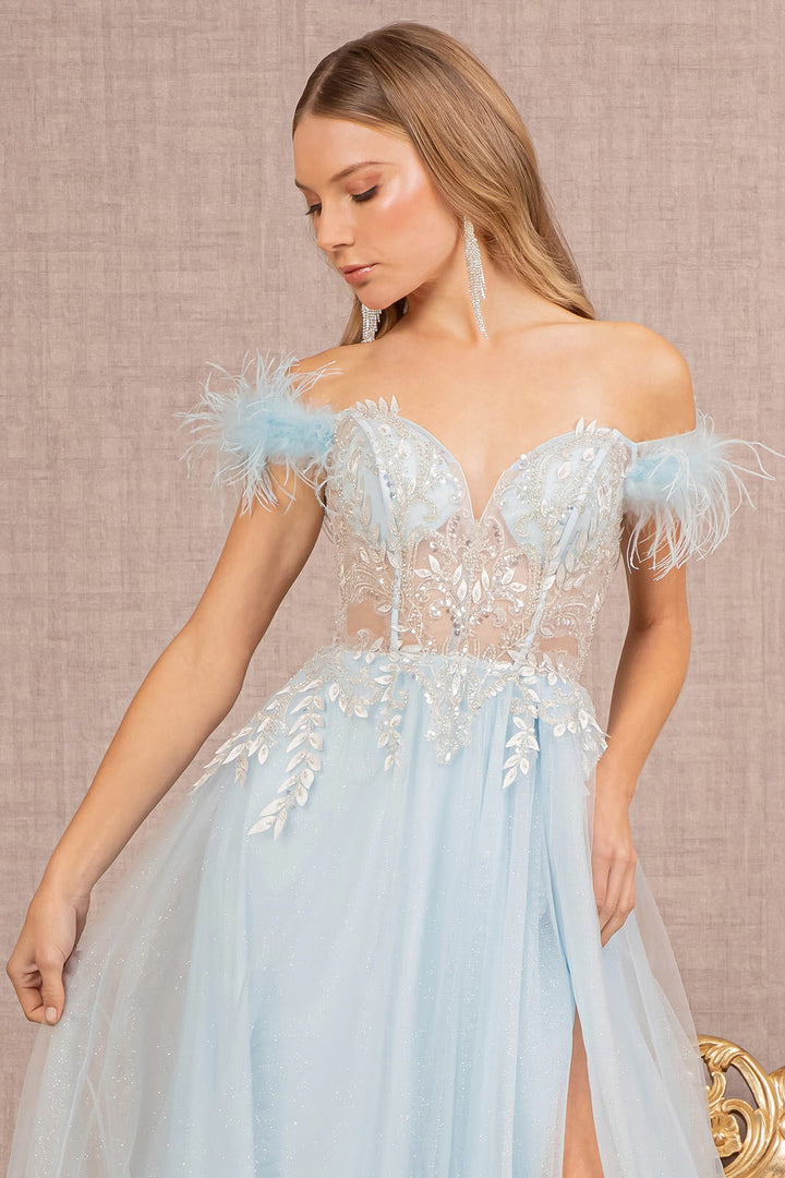 Feather Straps Sheer Bodice Glitter Sequin Mesh A-line Long Prom Dress GLGL3135-2