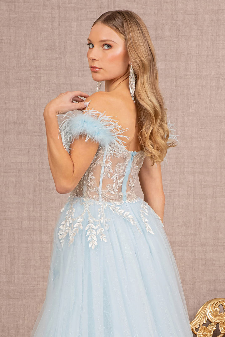 Feather Straps Sheer Bodice Glitter Sequin Mesh A-line Long Prom Dress GLGL3135-3