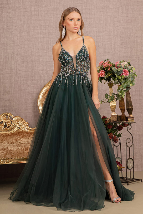 Jewel Bead Illusion Sweetheart Sheer Bodice Mesh A-line Long Prom Dress GLGL3137-0