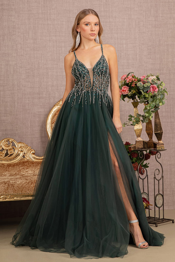 Jewel Bead Illusion Sweetheart Sheer Bodice Mesh A-line Long Prom Dress GLGL3137-0