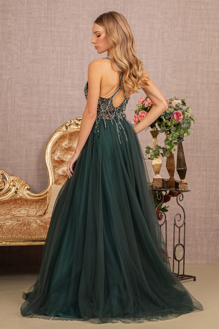 Jewel Bead Illusion Sweetheart Sheer Bodice Mesh A-line Long Prom Dress GLGL3137-1