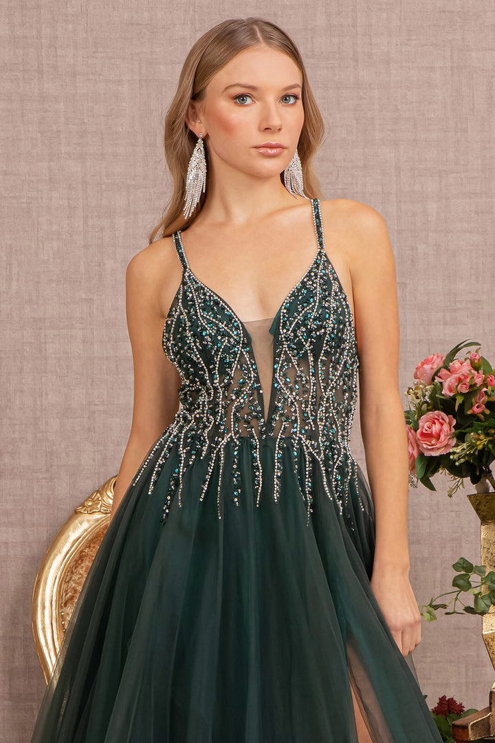 Jewel Bead Illusion Sweetheart Sheer Bodice Mesh A-line Long Prom Dress GLGL3137-2