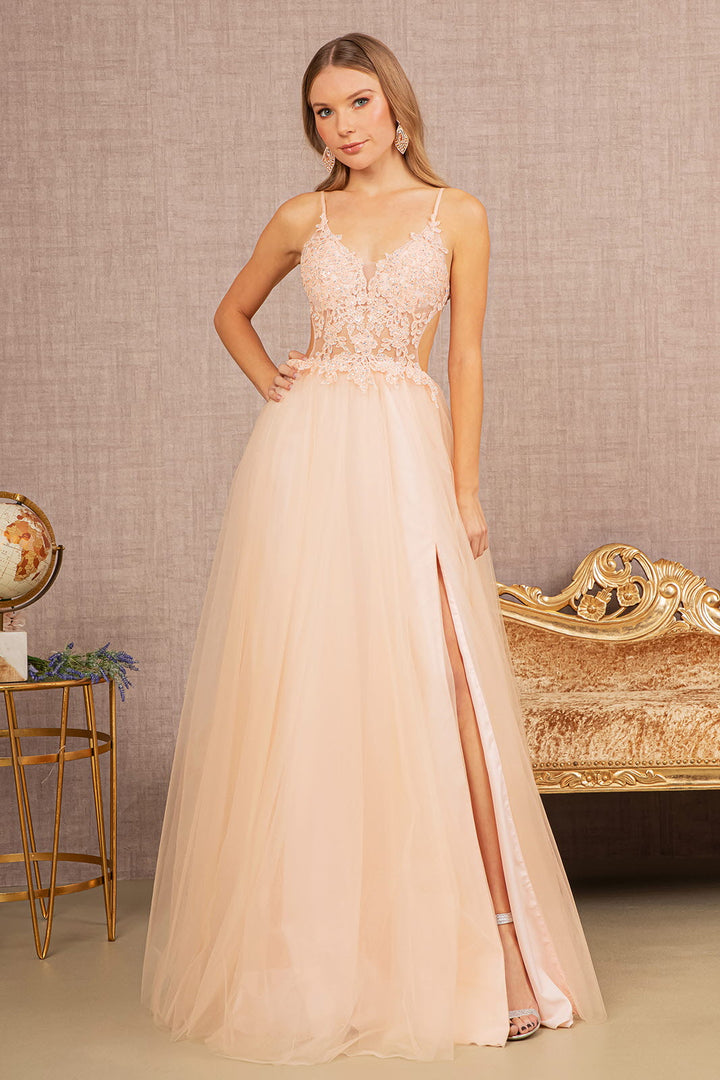 Flower Applique Sheer Front Cut-out Side Mesh A-line Long Prom Dress GLGL3152-0