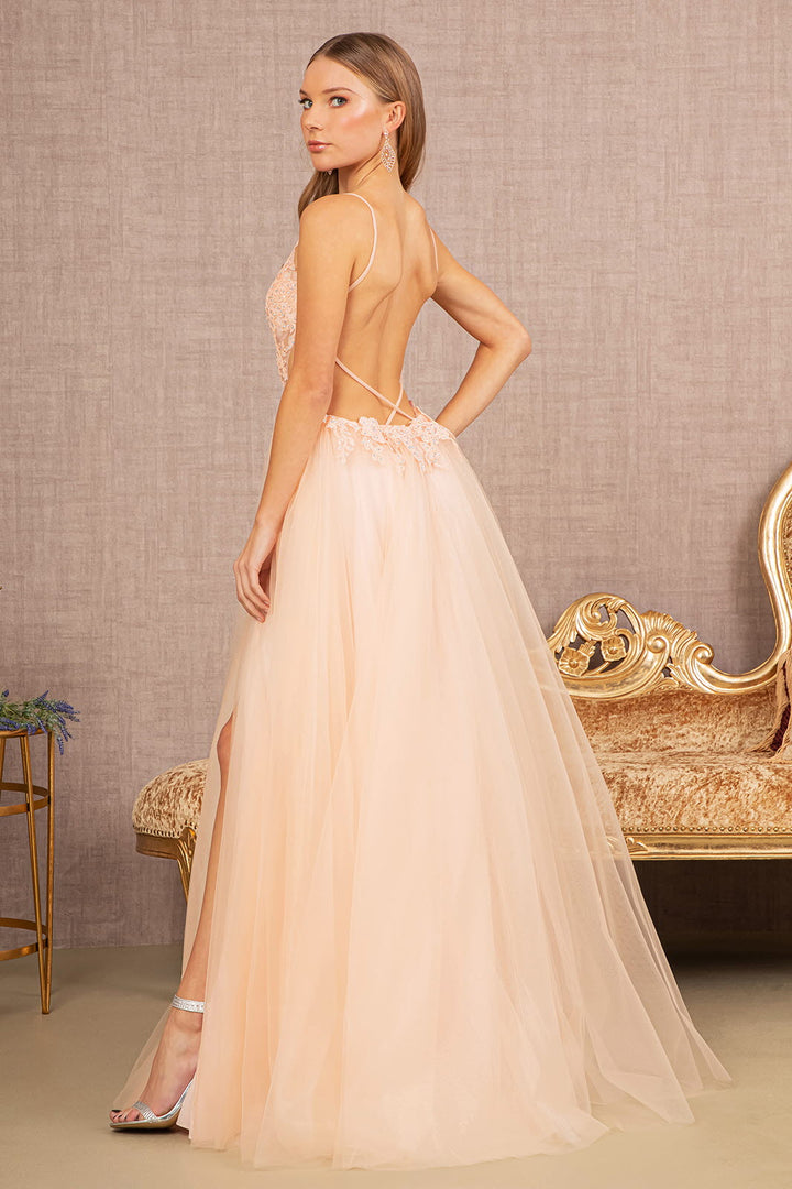 Flower Applique Sheer Front Cut-out Side Mesh A-line Long Prom Dress GLGL3152-1