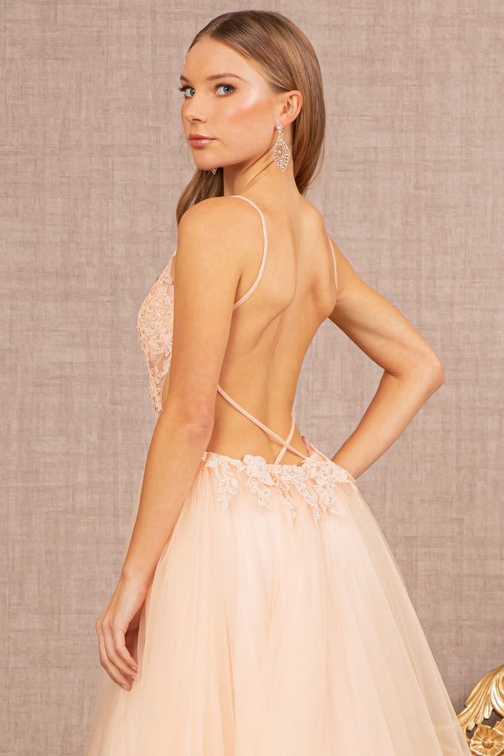 Flower Applique Sheer Front Cut-out Side Mesh A-line Long Prom Dress GLGL3152-3