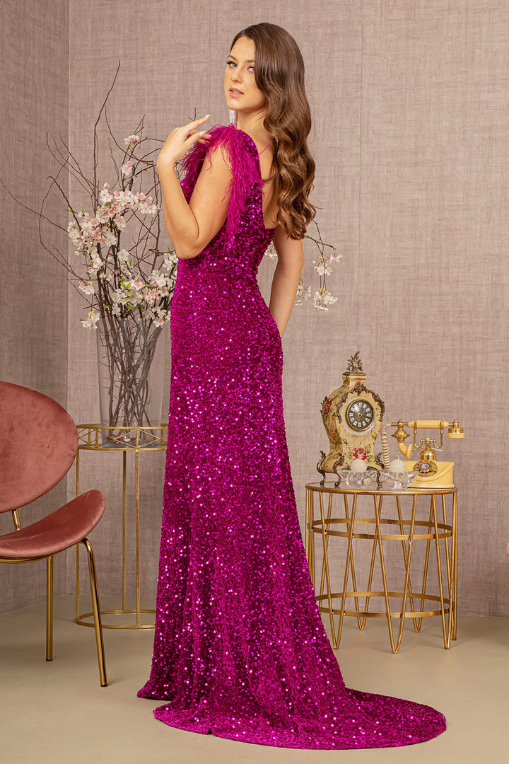 Asymmetric Sleeveless Feather Sequin Velvet Mermaid Long Prom Dress GLGL3154-1