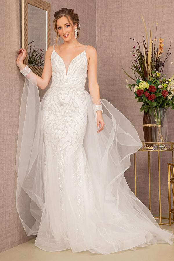 Jewel Bead w/ Detachable Waist Long Mesh Layer Long Wedding Dress GLGL3157-0