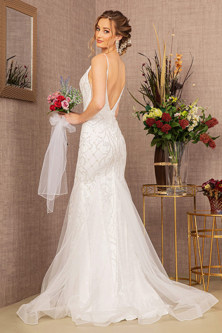 Jewel Bead w/ Detachable Waist Long Mesh Layer Long Wedding Dress GLGL3157-1