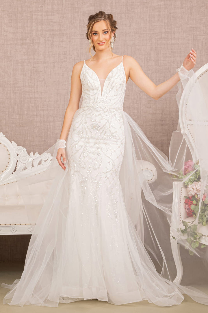 Jewel Bead w/ Detachable Waist Long Mesh Layer Long Wedding Dress GLGL3157-2