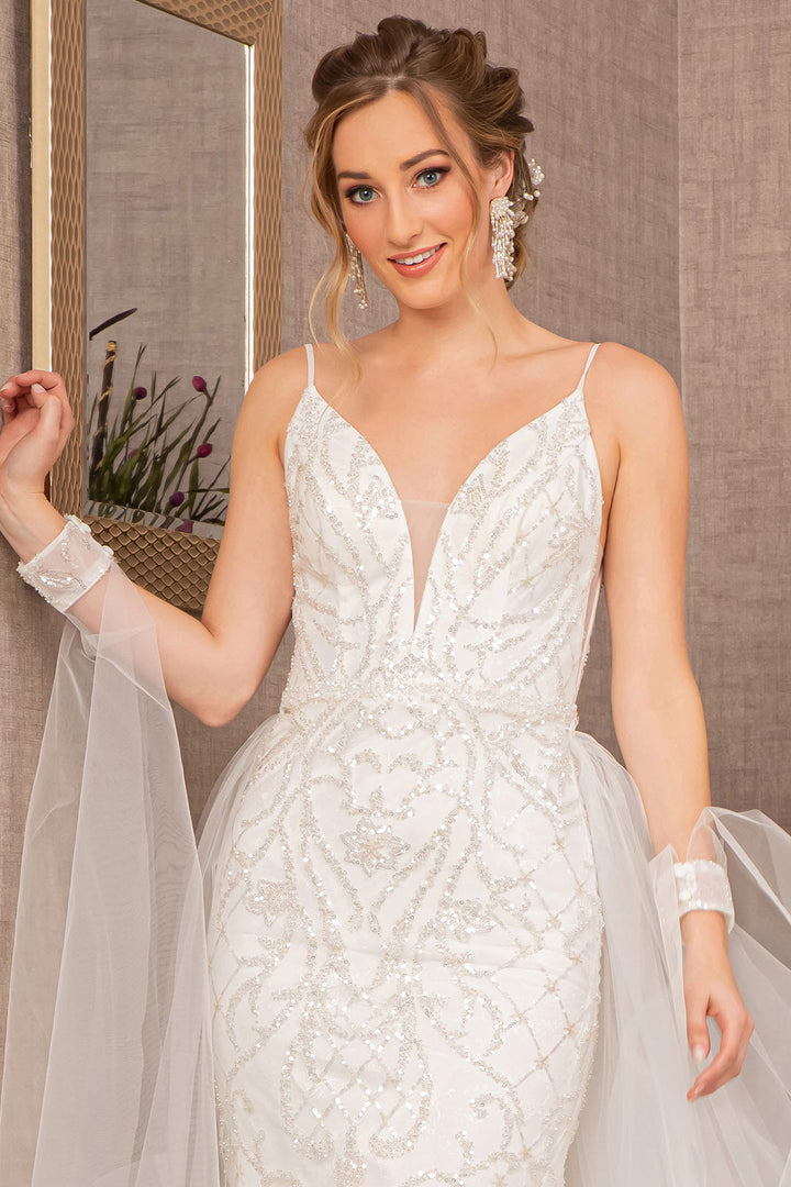 Jewel Bead w/ Detachable Waist Long Mesh Layer Long Wedding Dress GLGL3157-4