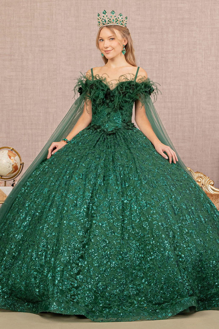 Feather Sequin Lace Quinceanera Gown w/ Detachable Side Mesh Layer-0