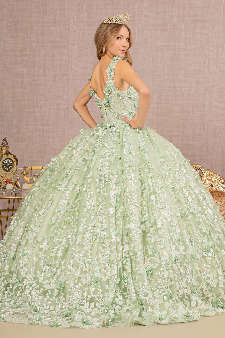 Jewel Embroidery 3D Flower Mesh w/ Corset Back Long Ball Dress GLGL3173-1
