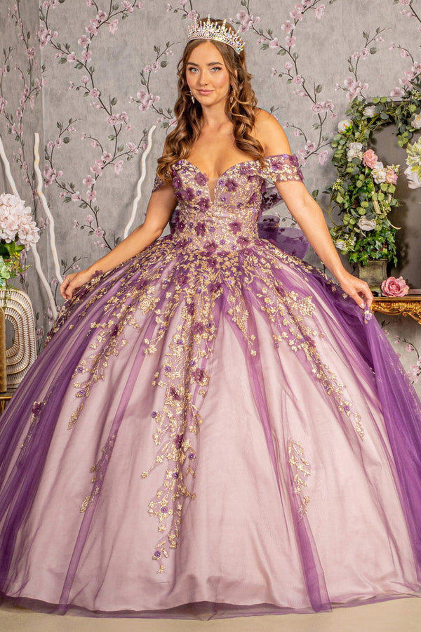 Flower Applique Bead Off Shoulder Ball Gown w/ Detachable Ribbon-0