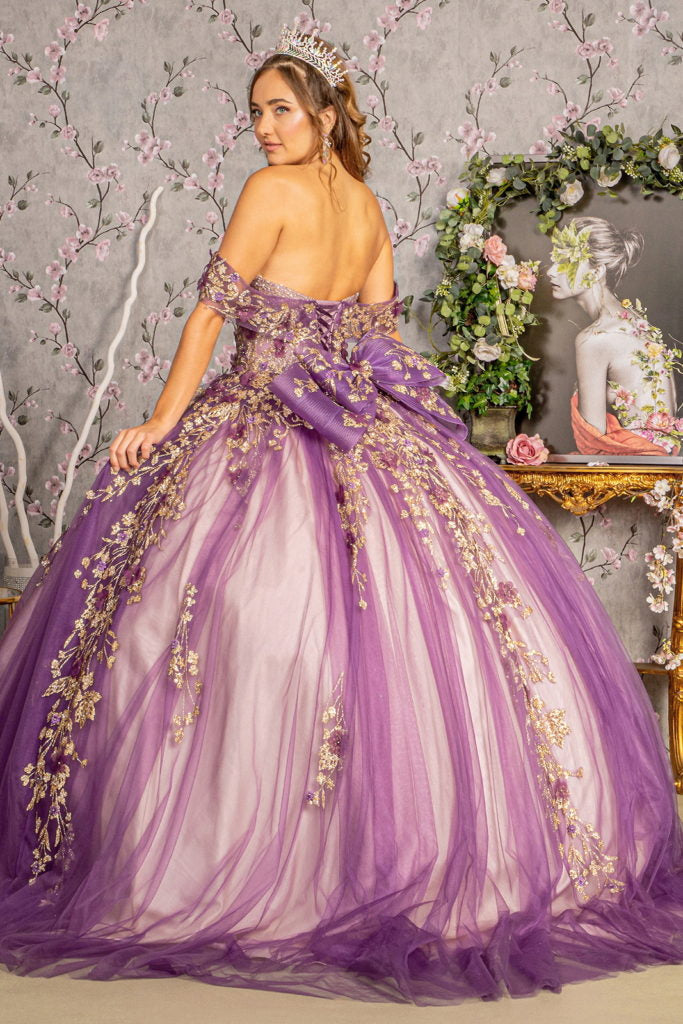 Flower Applique Bead Off Shoulder Ball Gown w/ Detachable Ribbon-1