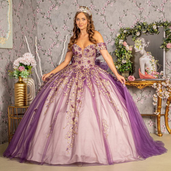 Flower Applique Bead Off Shoulder Ball Gown w/ Detachable Ribbon-2