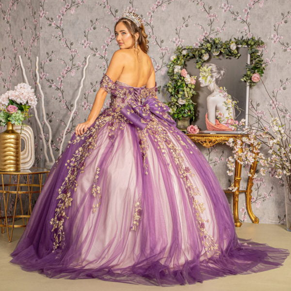 Flower Applique Bead Off Shoulder Ball Gown w/ Detachable Ribbon-3