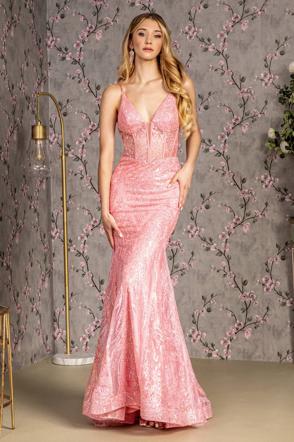 Glitter Sequin Sheer Corset Bodice Mesh Mermaid Long Evening Dress GLGL3201-0