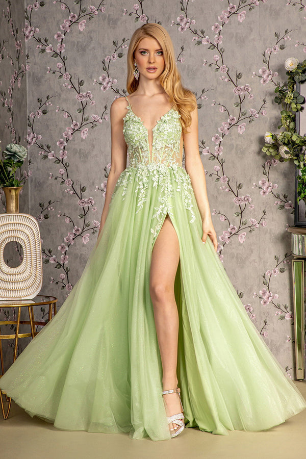 3D Flower Glitter Sheer Bodice Mesh A-line Side Slit Long Prom Dress GLGL3202-0