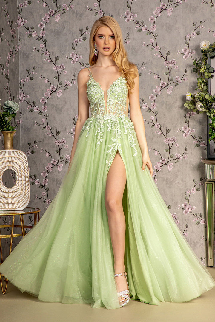 3D Flower Glitter Sheer Bodice Mesh A-line Side Slit Long Prom Dress GLGL3202-0