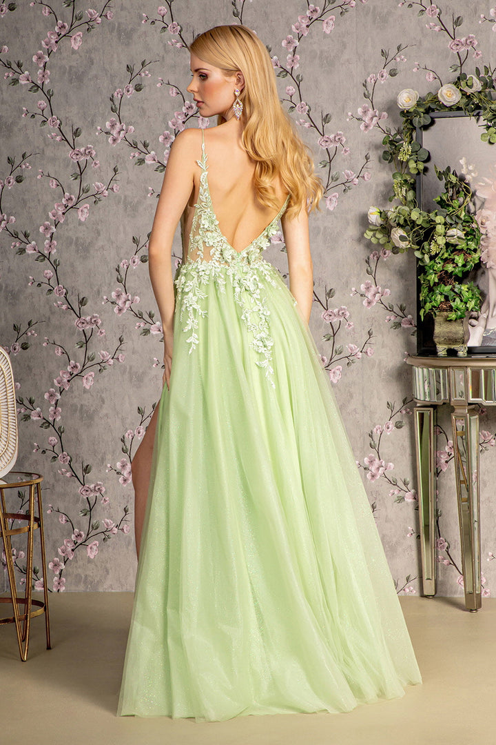 3D Flower Glitter Sheer Bodice Mesh A-line Side Slit Long Prom Dress GLGL3202-1