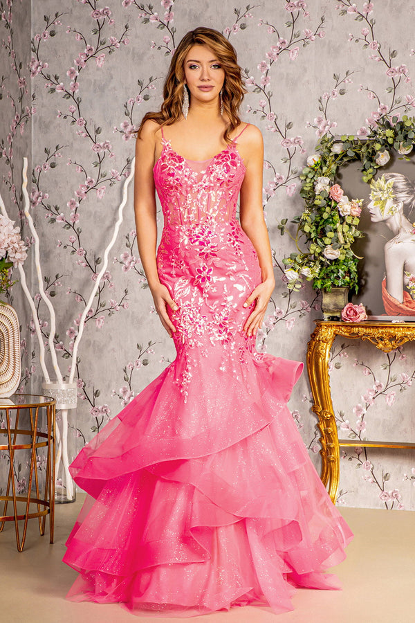 Glitter Sequin Sheer Bodice Mesh Trumpet Ruffled Hem Long Prom Dress GLGL3205-0