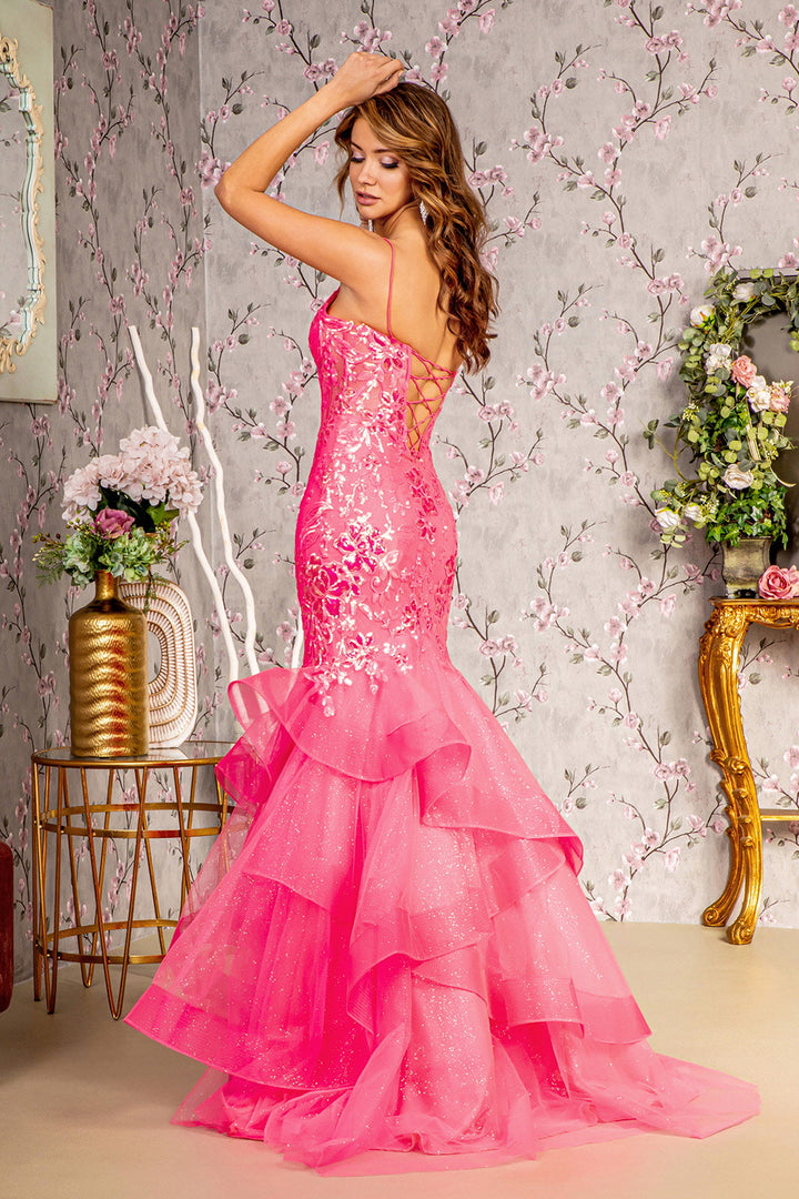 Glitter Sequin Sheer Bodice Mesh Trumpet Ruffled Hem Long Prom Dress GLGL3205-1
